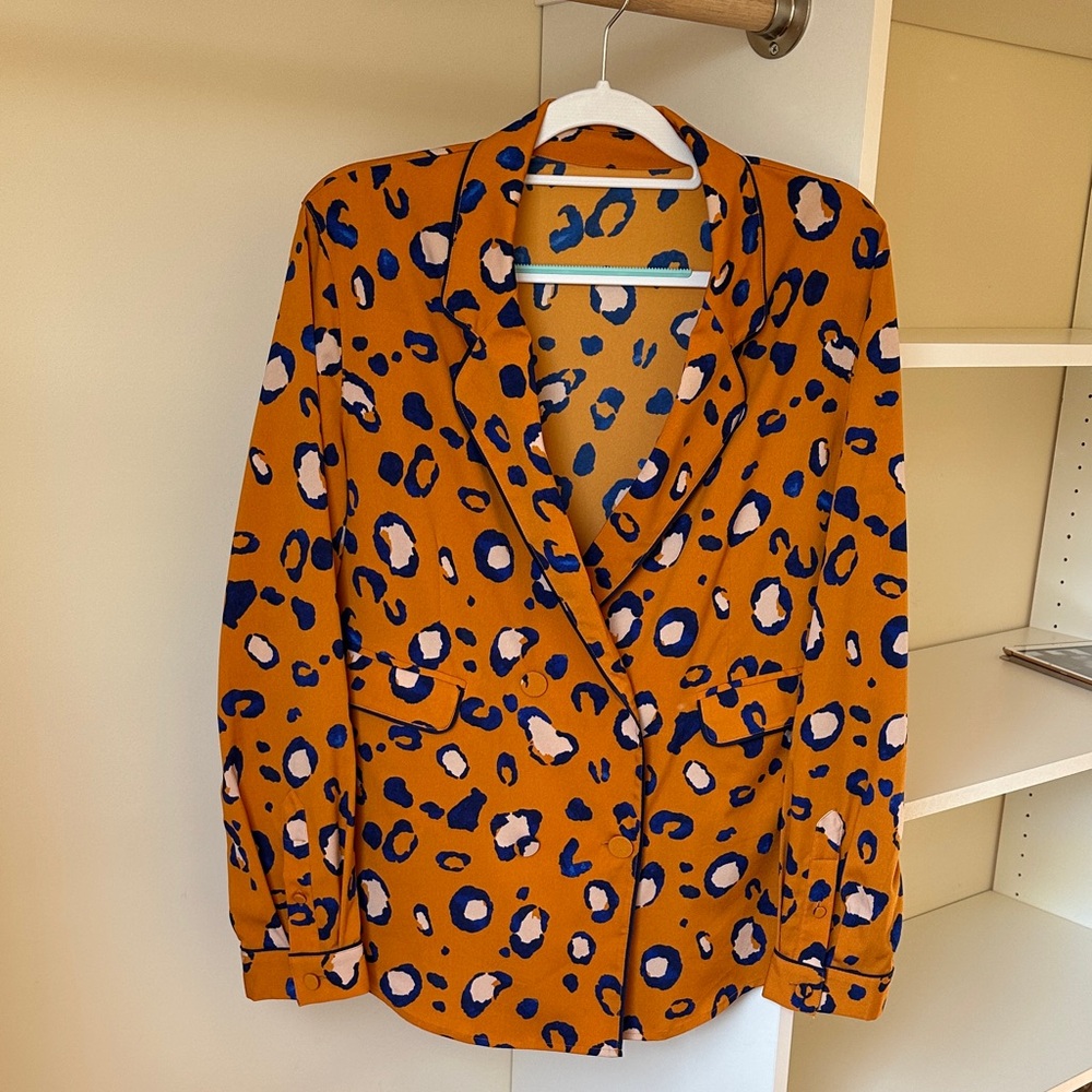 Mustard Animal-Print Open-Front Blazer with Navy & Cream Spots